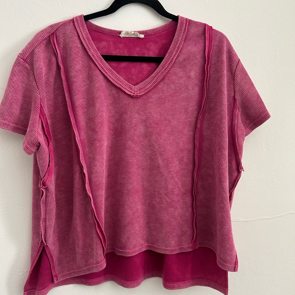Peach Love California Washed Pink V-Neck Waffle Tee